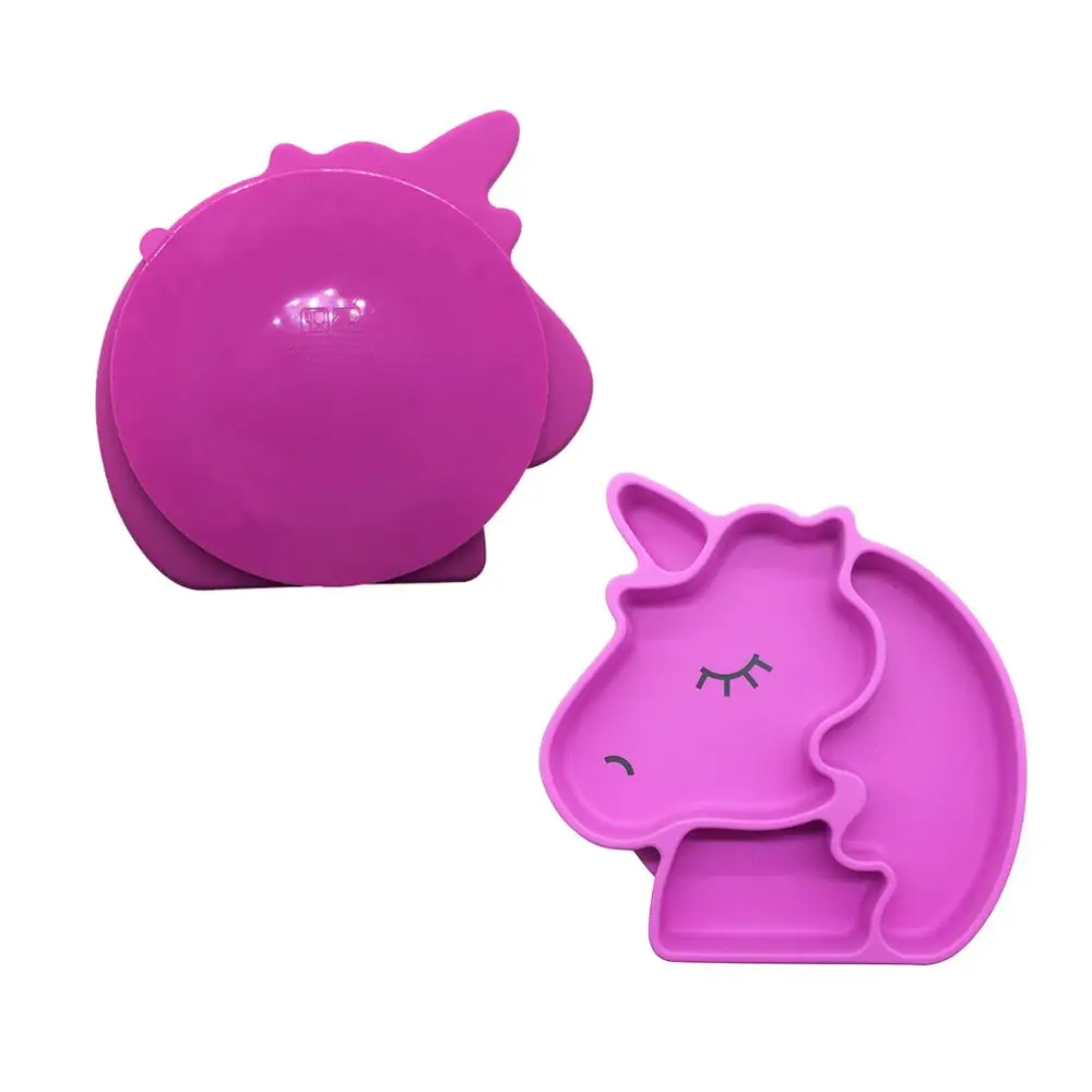 Benhaida Food Grade Silicone Cute Animal Unicorn Shaped Feeding Plate With Suction Divided Grip Dish for Baby