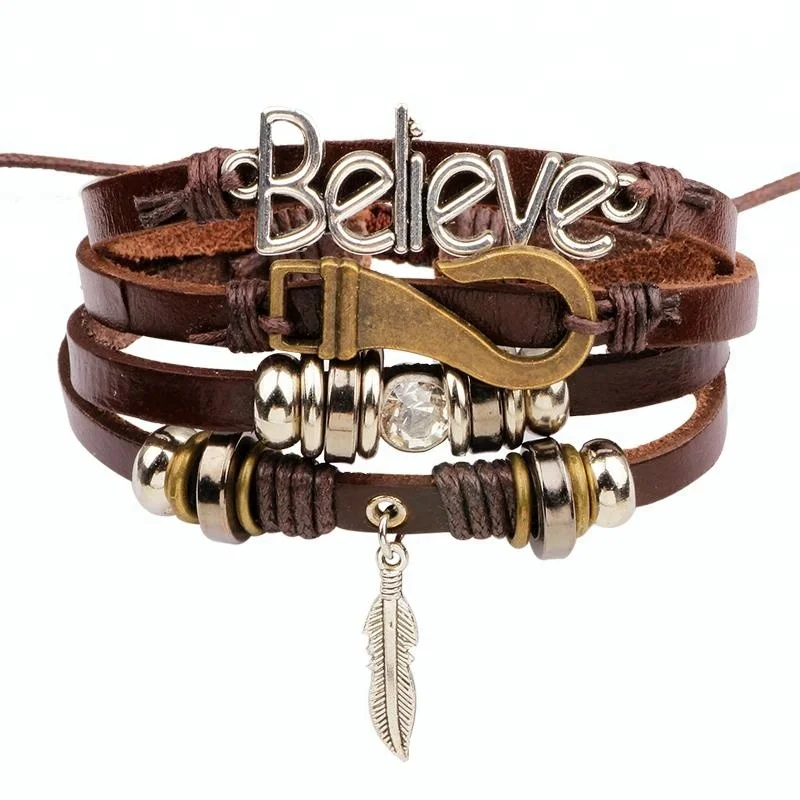 LIKA  Women Men Adjustable Alloy Feather Believe Letter Hook Multilayer Leather Bracelet