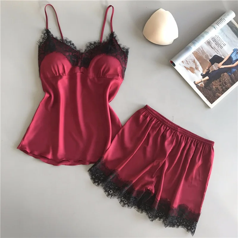 Silk Camisole and Short Womens Lingerie Sleepwear Lace Satin 2 Pieces Pajamas Short Set