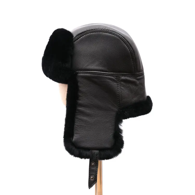 Russian style warming winter rex rabbit fur with real sheepskin  hat ear cuff earflap hat