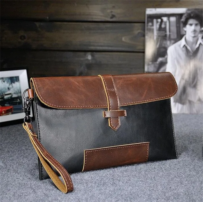 Wholesale personality vintage crazy horse leather wristlet handbag men envelope clutch bag