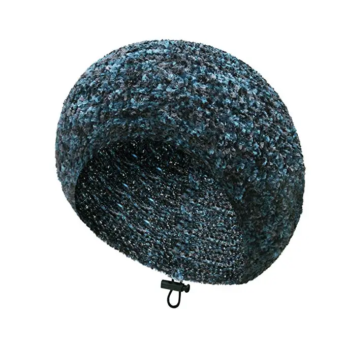 AJ 19109 Custom Blue Knitted Polyester Adjustable Light Weight Beret Beanie Hat Chenille Snood With Lining
