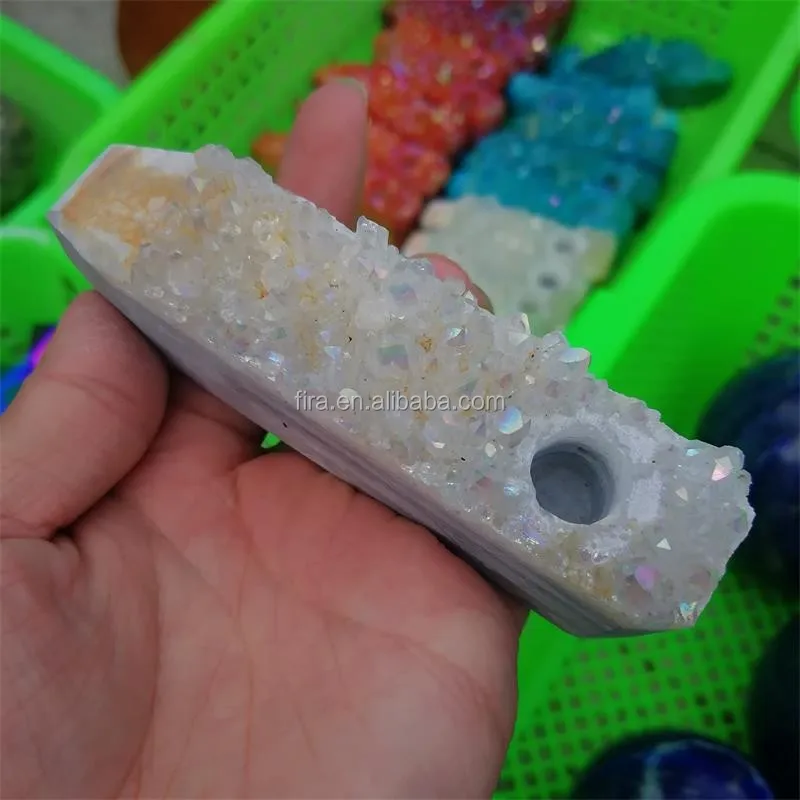 
Hot Sale Carved Decorative Rainbow Aura Quartz Crystal Cluster Crystal Smoking Pipes 
