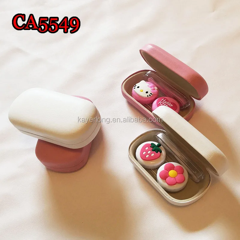 PVC kitty and strawberry deco pu cover iron contact lens case, small travel box CA5549