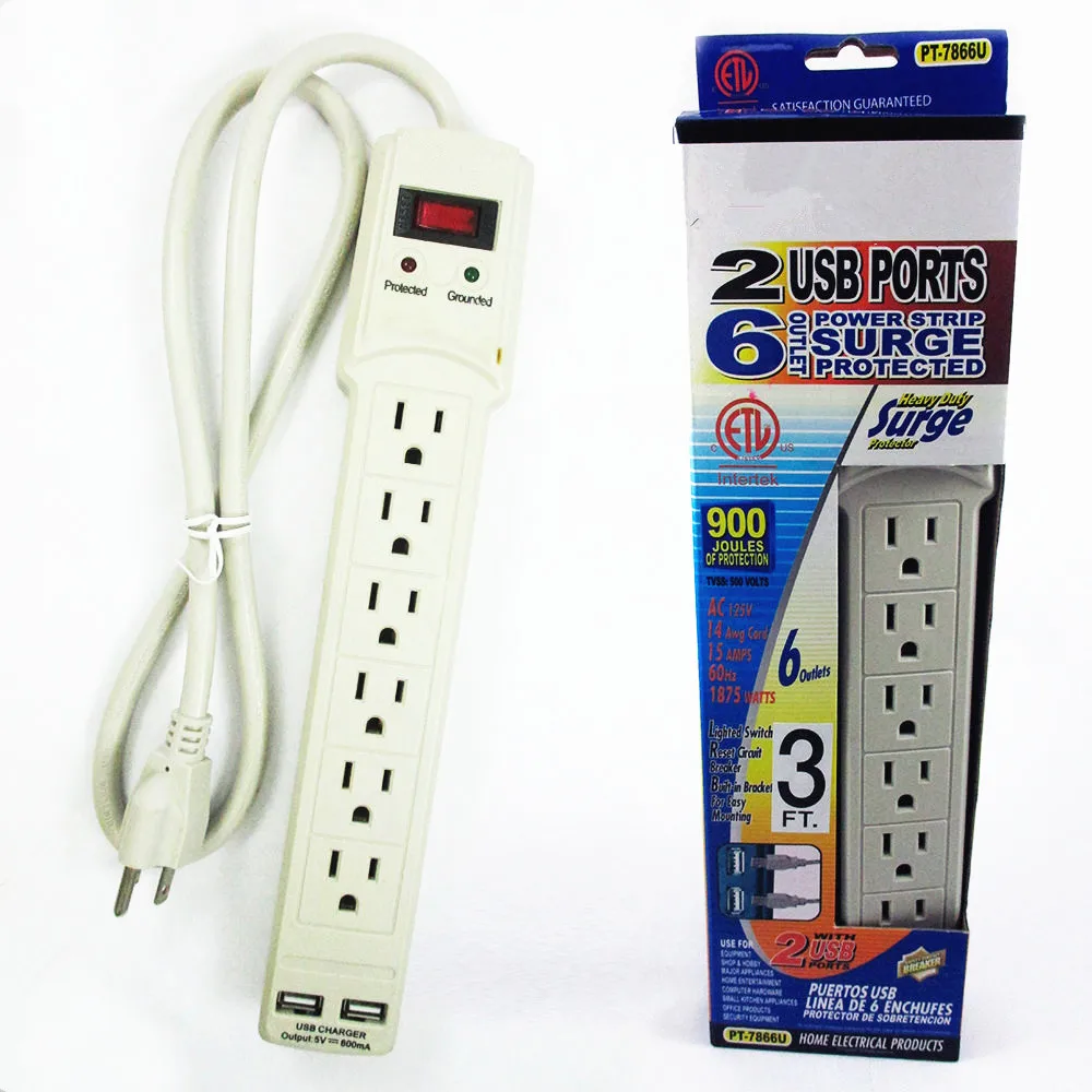6 Outlet Power Strip Surge Protector 3 Ft Cord With 2 USB Charger Port 900 Joules