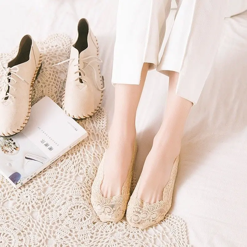 Anti-slip Lace Invisible Socks Ladies Women Cotton Footsie Shoe Liner Boat Socks