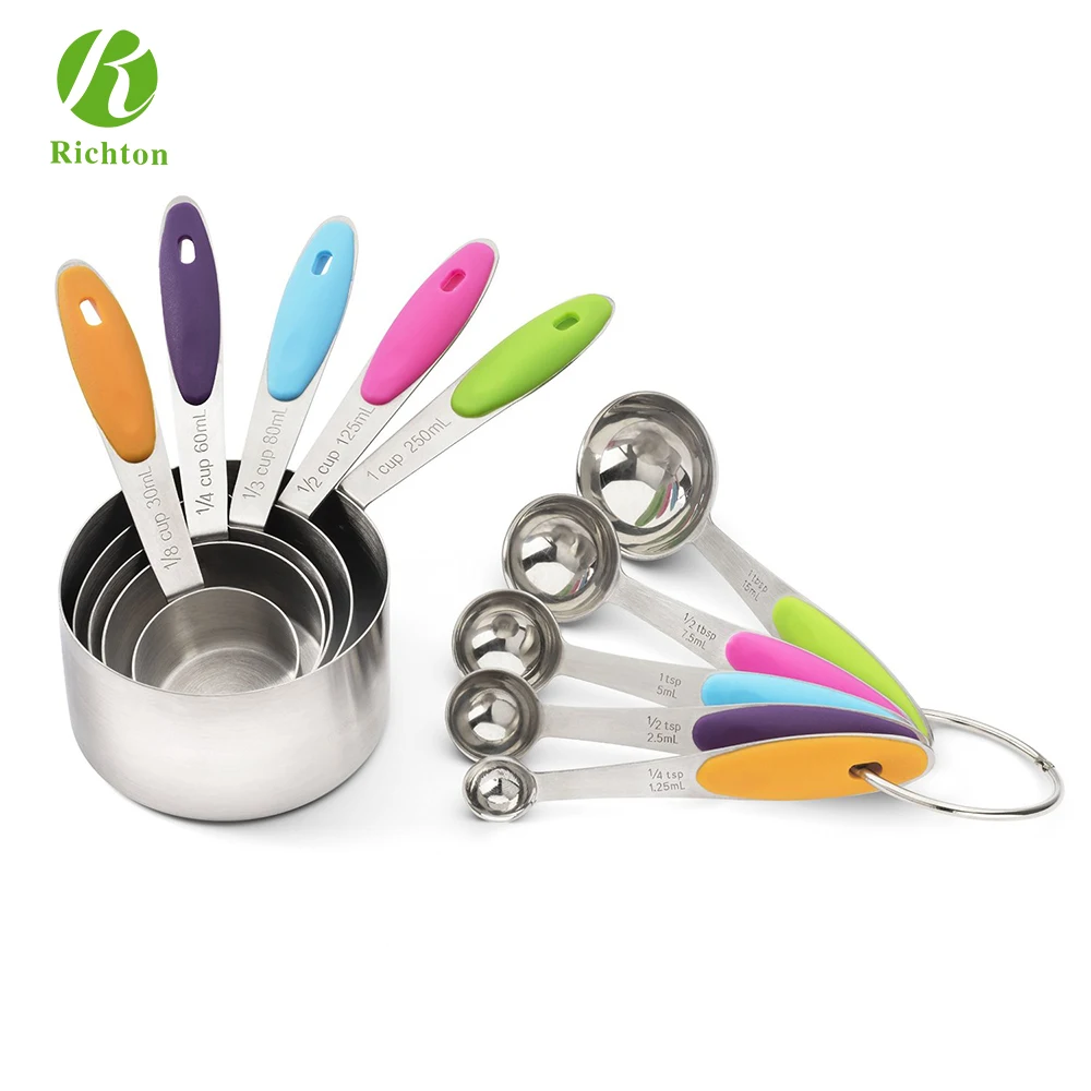 Лидер продаж, оптовая продажа, мерная чашка и ложка из нержавеющей стали с силиконовой ручкой, набор из 10 штук