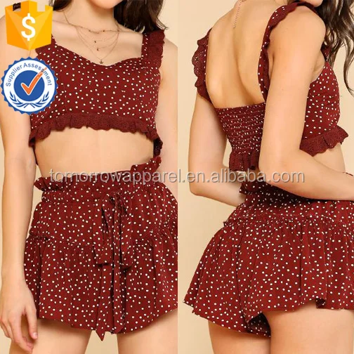 
Ruffle Trim Polka Dot Bustier Top & Shorts Set Manufacture Wholesale Fashion Women Apparel (TA4064SS) 
