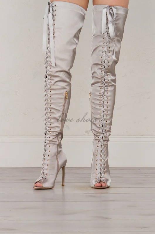 2017 new Sexy boots Light Gray Ribbon Lace Up Over The Knee Peep Toe Boot Satin upper Women long boots