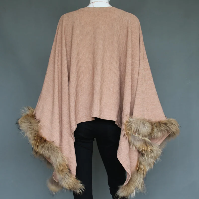 Fluffy raccoon fur knitted cape European style fashion shawl with fur trim