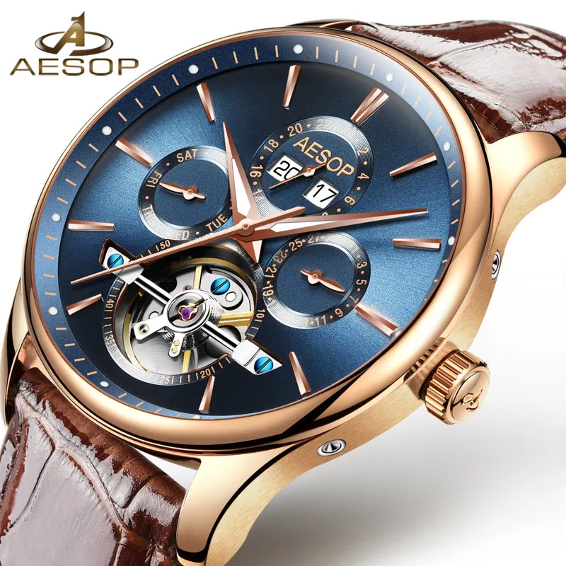 AESOP Brand Fashion Men stainless steel case genuine leather Chronograph automatic Quartz watch