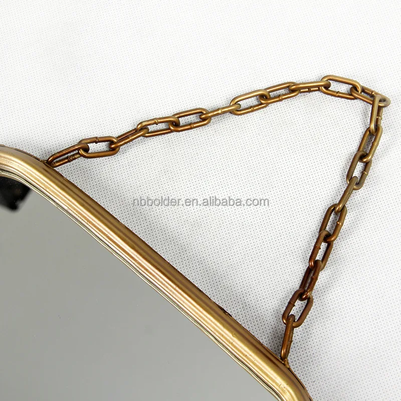 Wholesale bathroom living room wall hanging decorative rectangular gold metal frame dressing mirror with chain