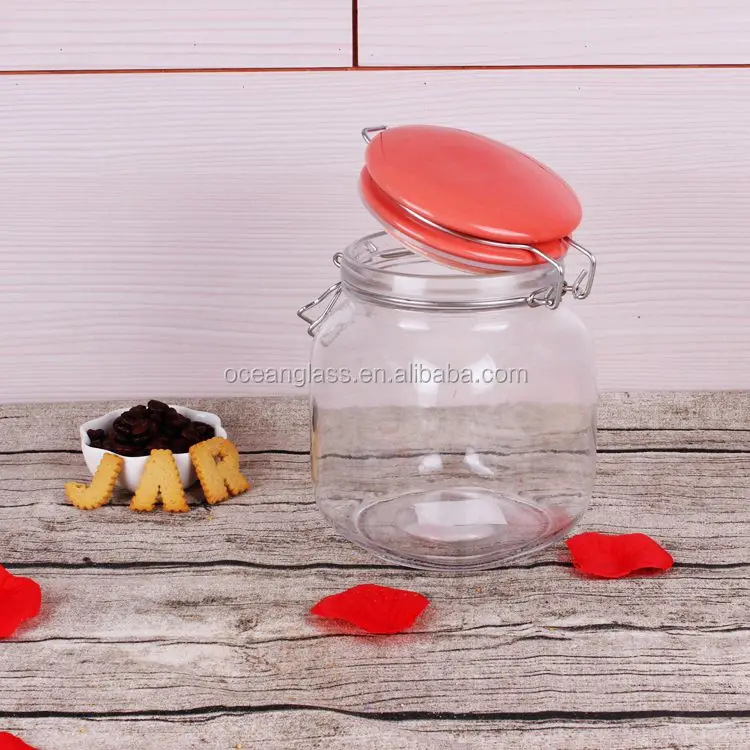 footed square glass jar fancy mason glass jar/mason honey jar with ceramic clamp lid