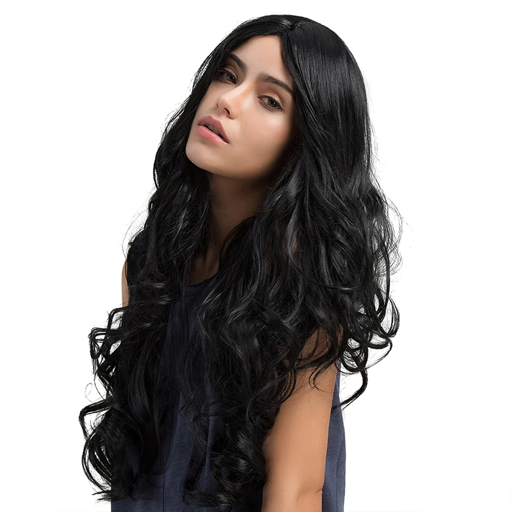 BVR Heat Resistant Black Long Curly Wave Perruques Naturelles Synthetic Fiber Wig