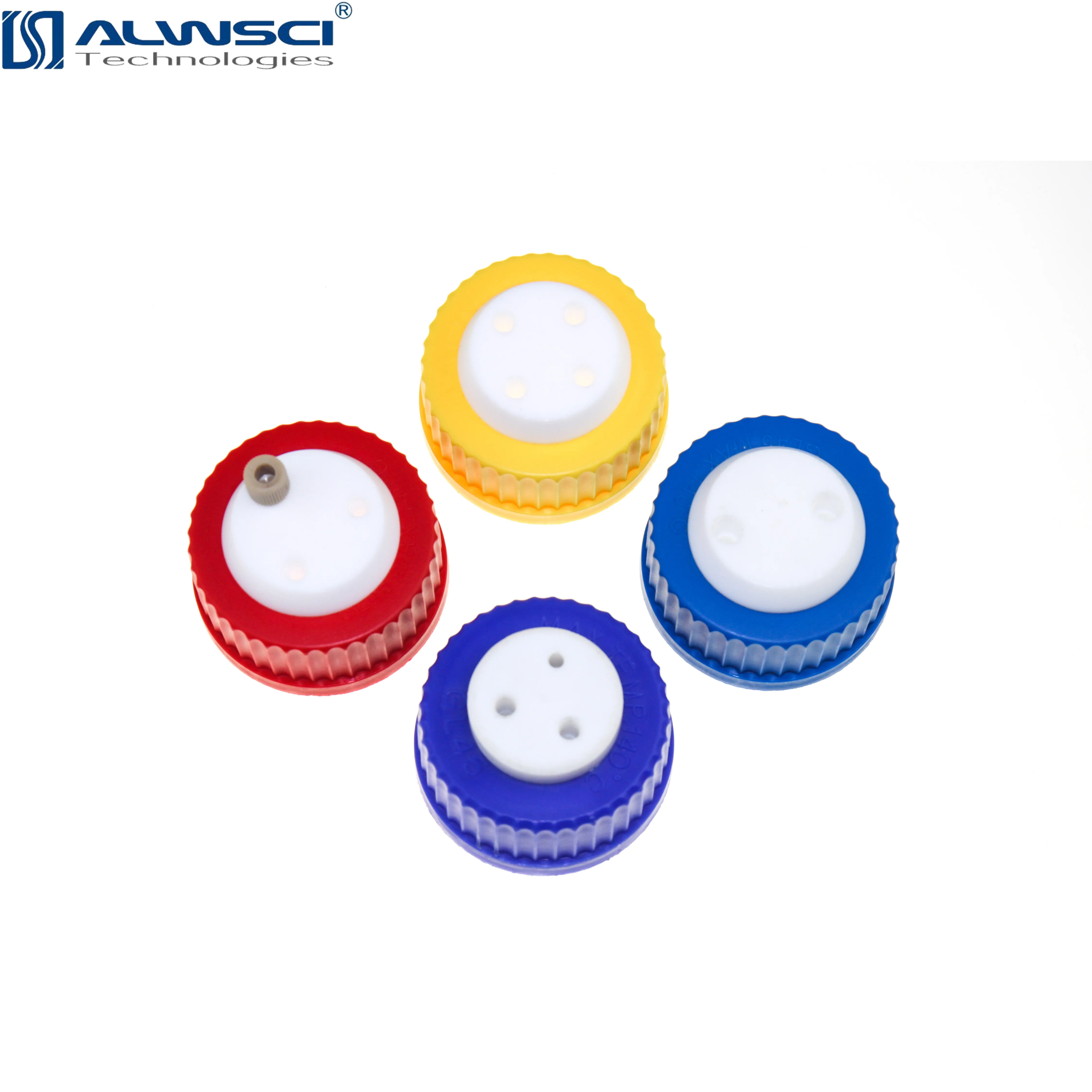 ALWSCI red GL45 safety cap with three holes for 1/8 inch OD tubing