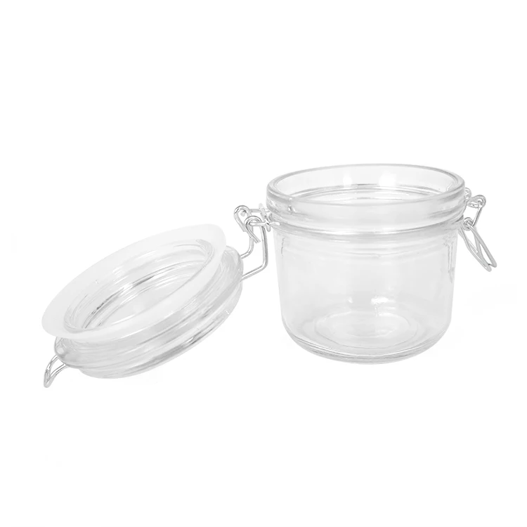 Wholesale empty 200ml clear glass seal pot clip top cap lid jar