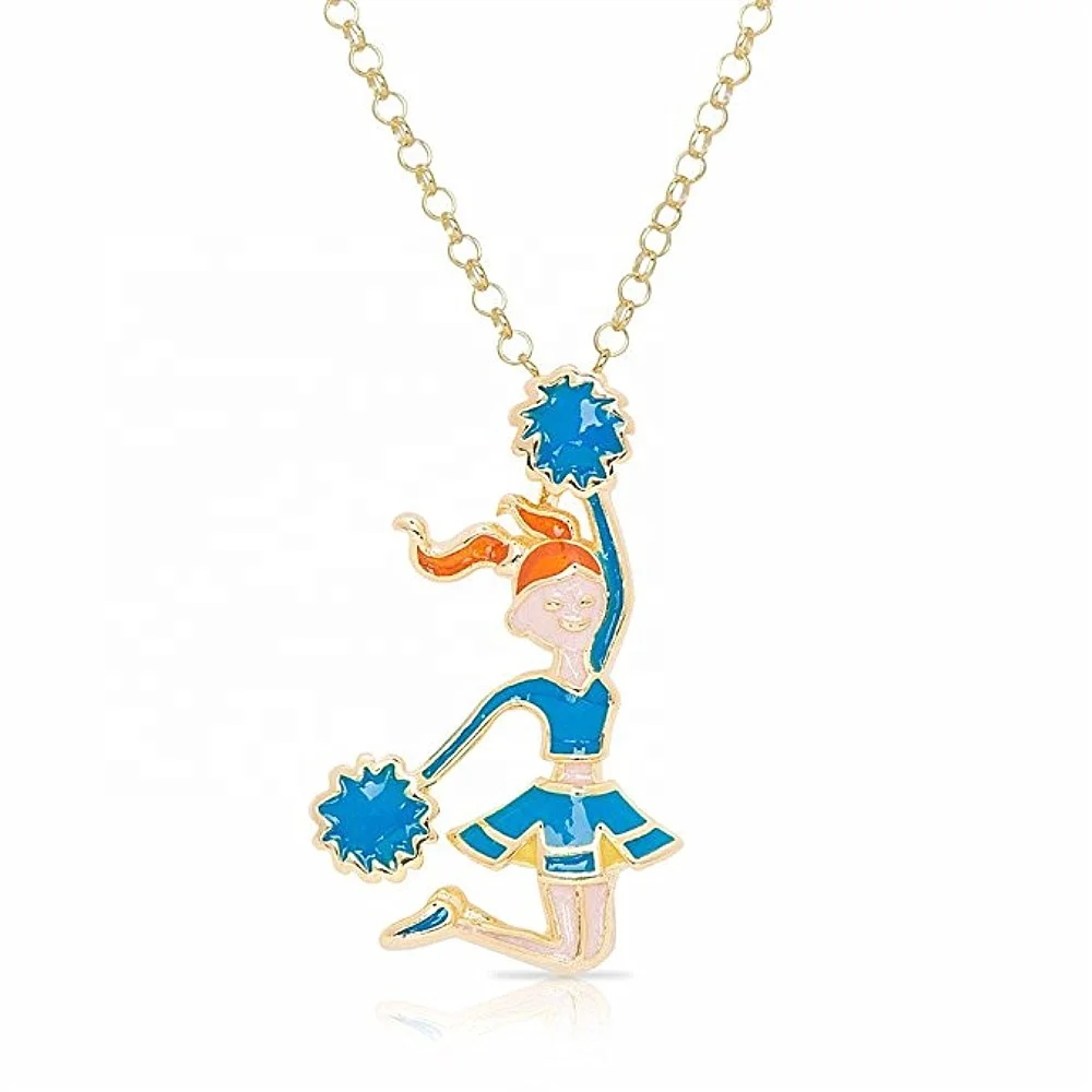 Metal Inlaid Cheerleader Pom Majorette Dance Pendant Necklace In Snake Chain For Cheering Girl Women Souvenir Gift Jewelry