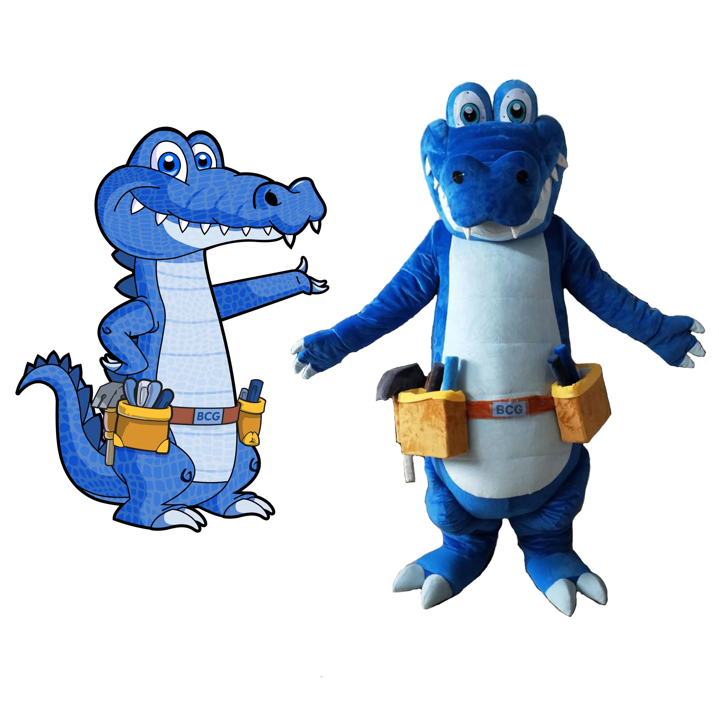 Adult cartoon crocodile fur mascot costume with tools