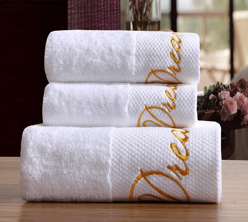 China Alibaba Supplier Custom Logo 100% Cotton Terry Dobby White Embroidery Hotel Bath Towel Set