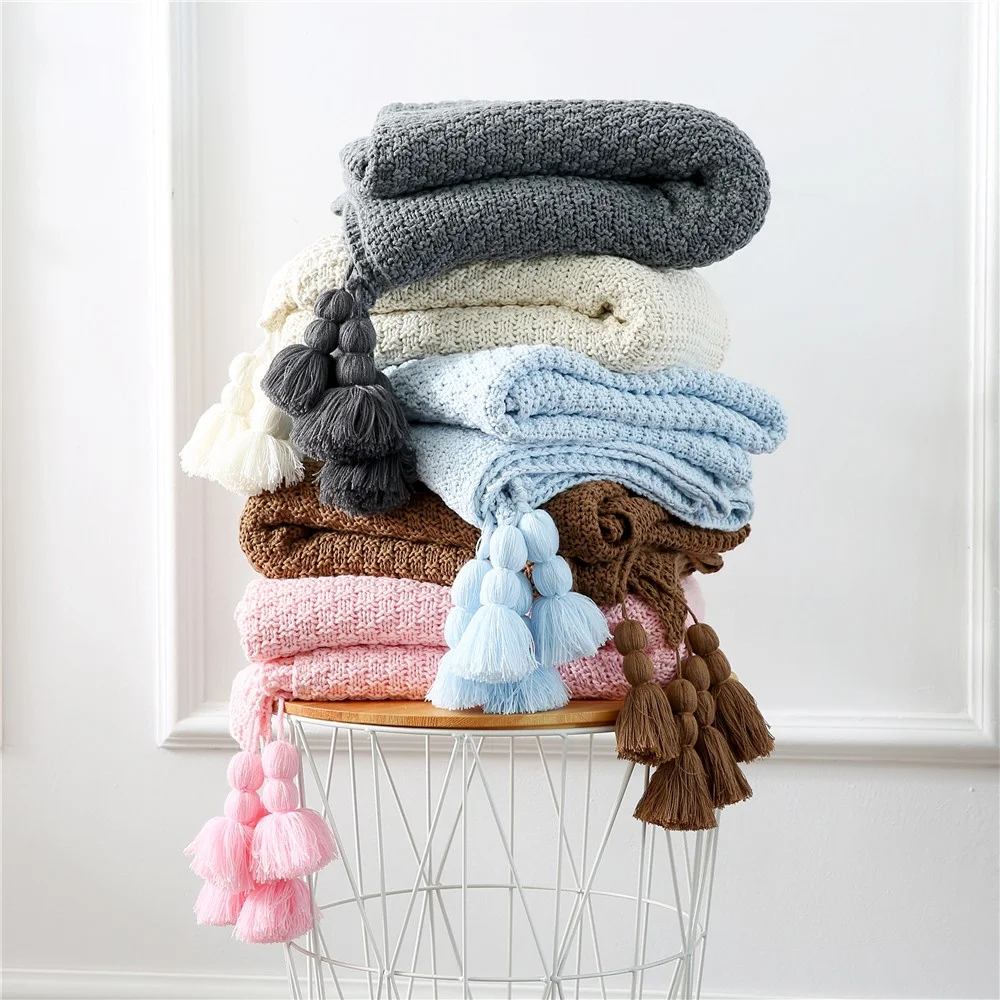 Bedroom decor Boho bedding Knit Thick Cotton Throw Blanket with Tassels