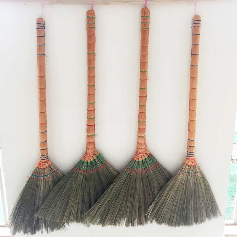 handcraft road clean tool PVC COATED wood handle  burma natural raw grass broom stick ekels