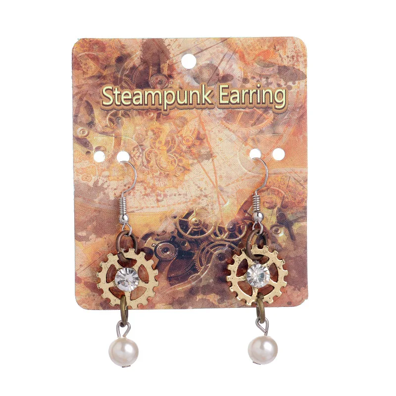 Fashion Ethnic Round Gears Crystal Pearl Dangle Earrings For Women Steampunk Ear Vintage Gold Silver Steam Punk Jewelry