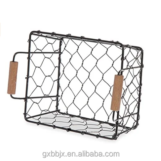 Wholesales Household Storage Type Mini Rectangular Wire Mesh Utility Basket with Wooden Side Handles