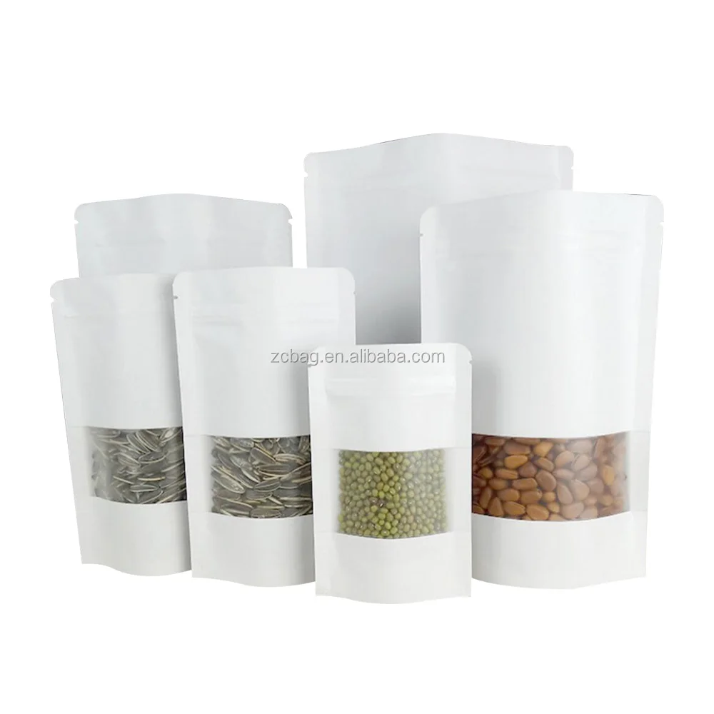 
Custom Printed Matt White Doypack Poly Zip Lock Stand Up Pouch Rectangle Window Nuts and Dried Fruit Packaging Bags 