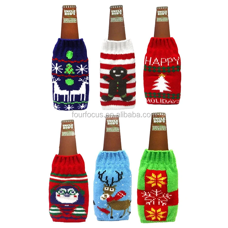 Christmas Decoration Festival Promotional Bottle Covers Knit Ugly Sweater Wine Beer Bottle Covers