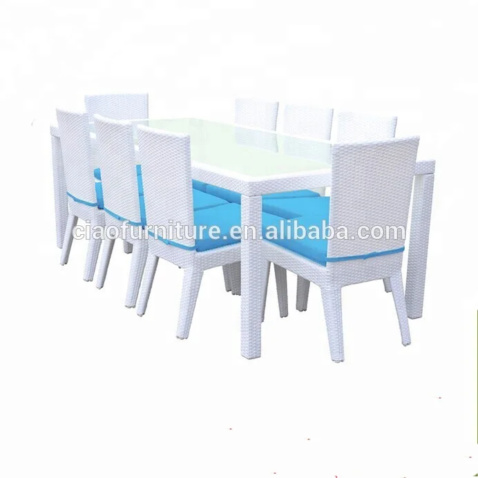 outdoor furniture rectangle long dining table set 8 seater table and chair paito rattan furniture white color garden dining set