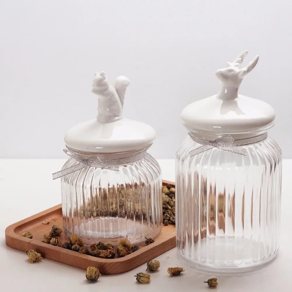 Cookie food storage Clear glass candy jar with creative bird shape/heart shape/bone ceramic lid