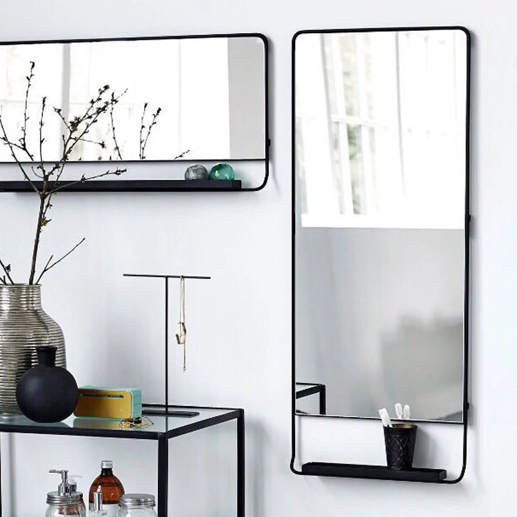 Large oversize decorative black metal pharmacy wall mirror with shelf for hallway bathroom