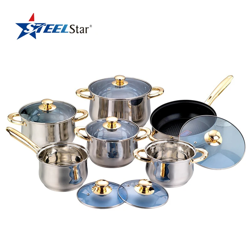 
12pcs Korean hot coating ceramic bottom stainless steel cookware set with gold plating knob 