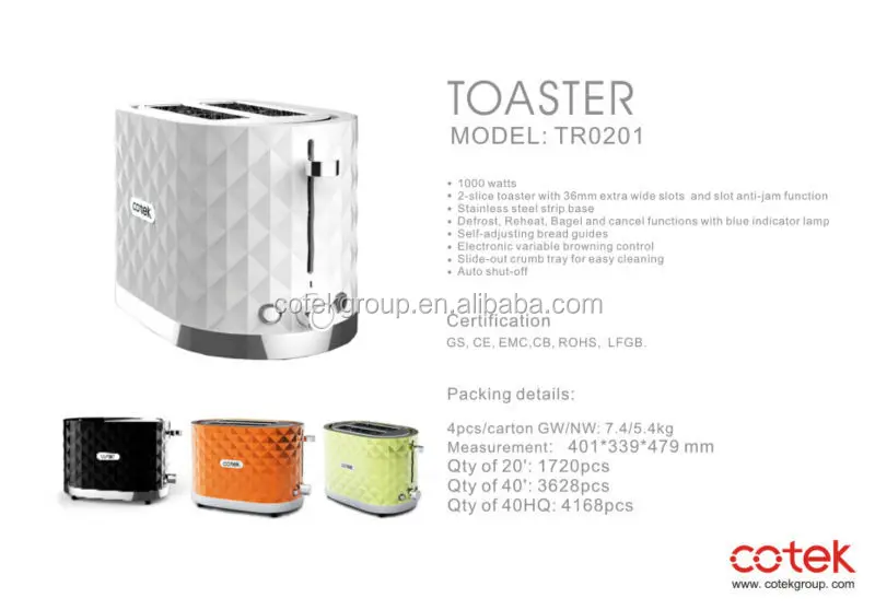 China supplier 1000 watts 2 Slice toaster with Defrost Reheat Cancel function
