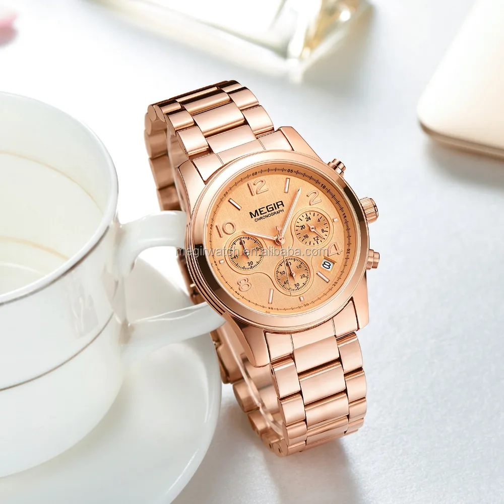 Megir factory girl latest hand watch jam tangan wanita chinese wholesale women wristwatch sports style chrono rose gold watches