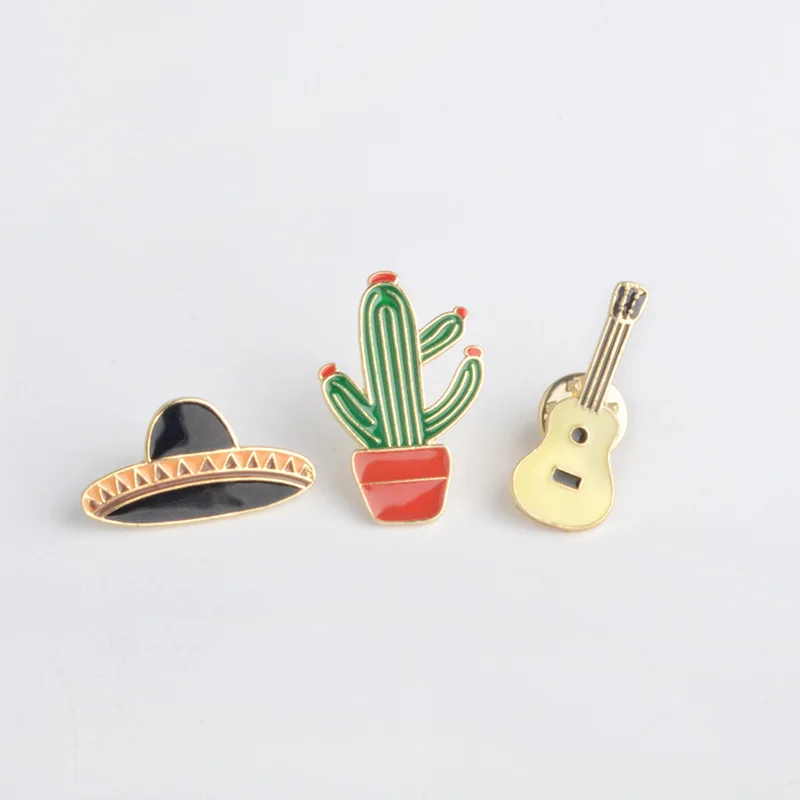 Hat Guitar Mexican Cactus Enamel Pins Brooch Badge Metal Girls Jeans Bag Decoration Gift Fashion Jewelry Wholesale