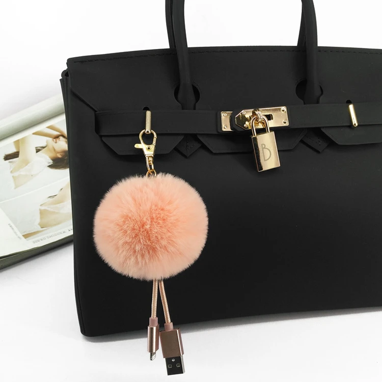 Yonze usb fluffy puff ball bag charm fur pom-poms fashion fake fur handbag usb cable charger plush keychain