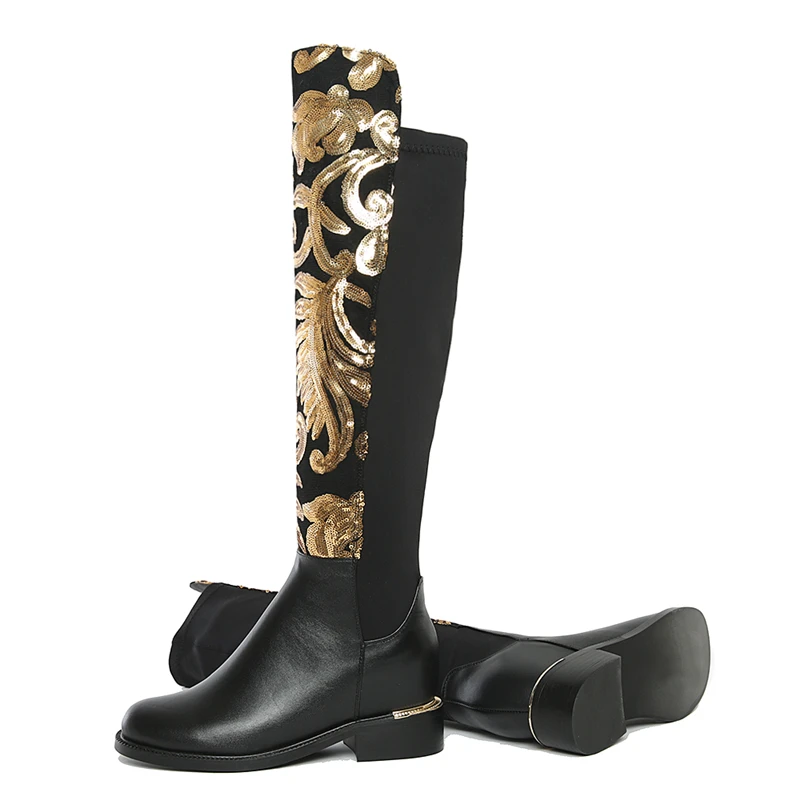 WETKISS Wholesale 2019 High End Fashion Gold Flower Real Leather Winter Womens Long Boots Knee High Leather Boots for Women