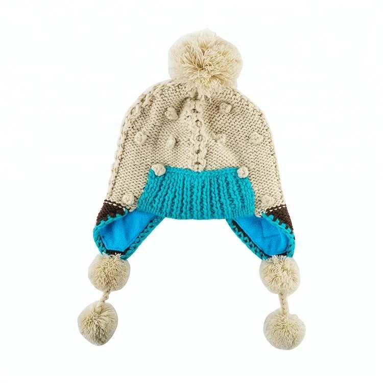 Children Soft Warm Knitted Ear Flap Pompom Beanie Hats For Winter Fall Spring
