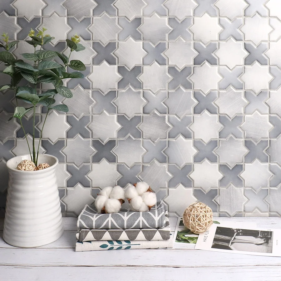 Creative Star Cross Pattern Grey Porcelain Classic Artistic Mozaik Tile Mosaic For Wall Backsplash Kitchen Shower Hotel Project