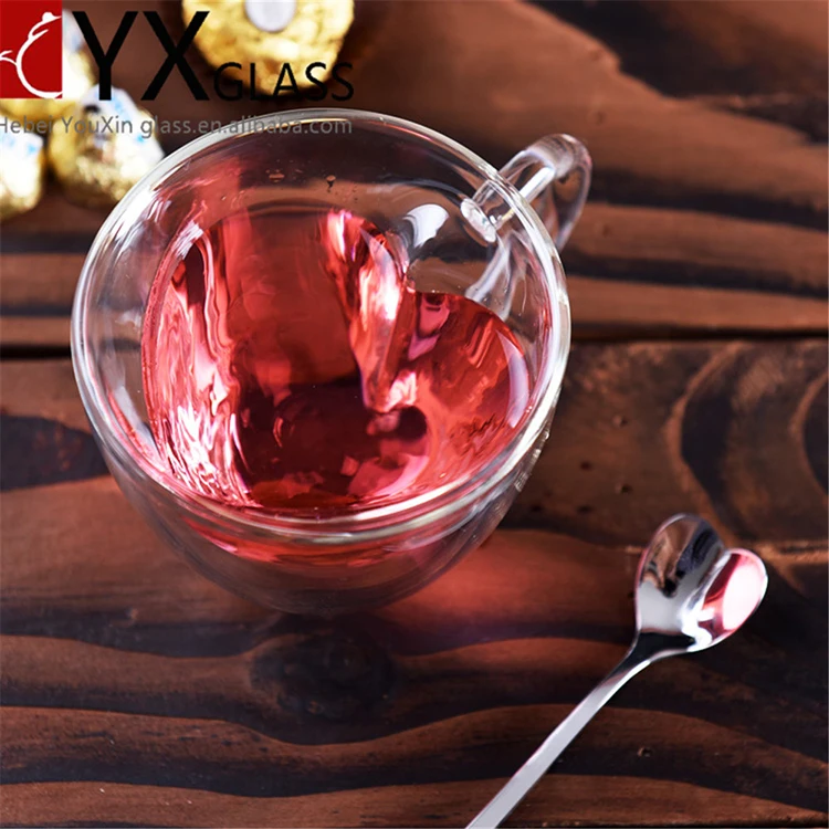 
Heart shape high clear double wall glass cup tea glass with handle 