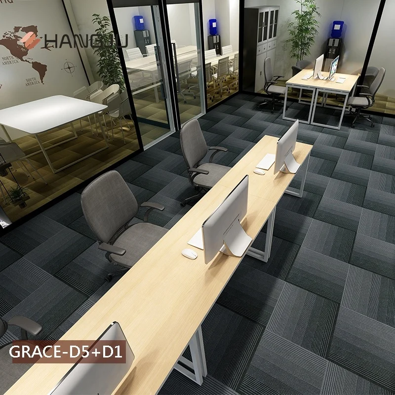 Stocks Strip Line Commercial Office Carpet Tiles with PVC Backing New Design Shanghai Hangju Grace-D series