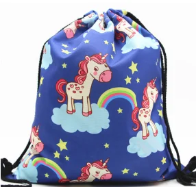 2018 Amazon hot selling Polyester Unicorn Drawstring Bag for girl , wholesale 3D Printing Cute Unicorn Backpack for children