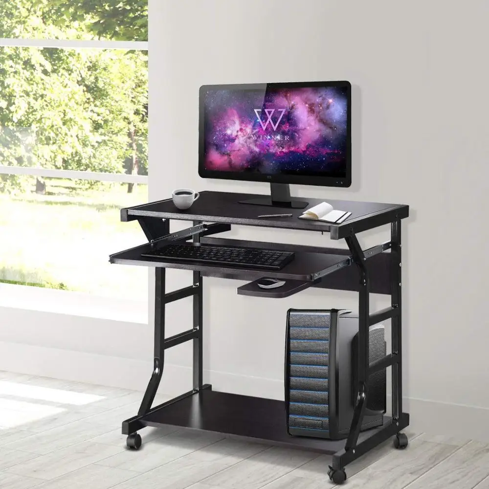 Computer Desk Small Rolling Study Table, Compact Home Office Furniture, Laptop Workstation with Pull Out Keyboard Tray