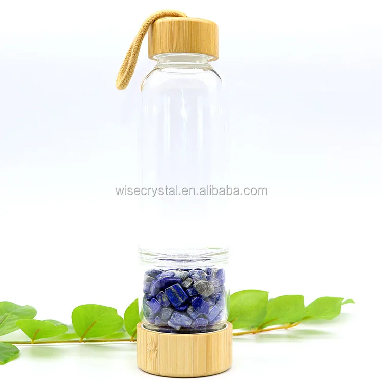 
Glass Drinking Bottle healing crystal water bottle with Bamboo Lid 