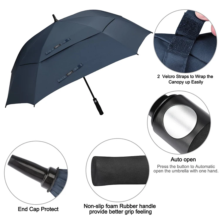 Wholesale Extra Large Vented Square Automatic Open Double Canopy Windproof Golf Umbrella