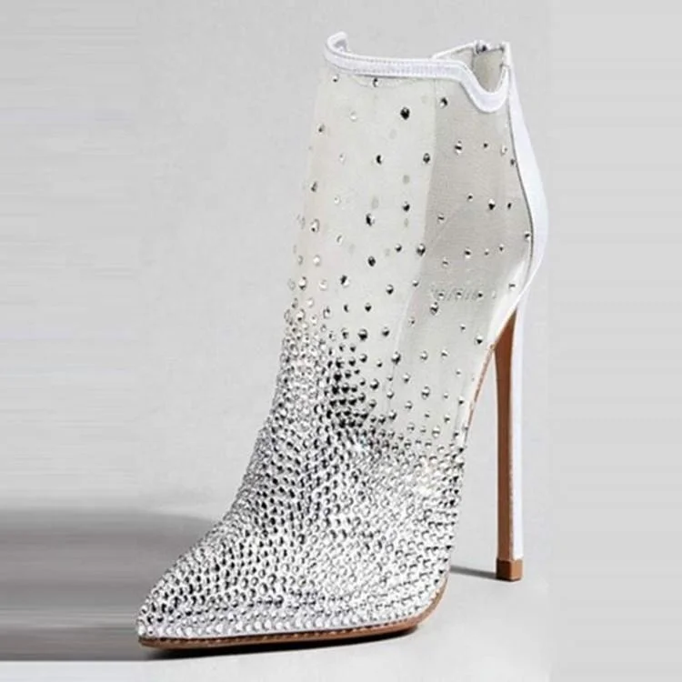 Summer Ventilate Mesh Net Zipper With Crystal Diamond High Heel Sandals Boots Women White Wedding Shoes