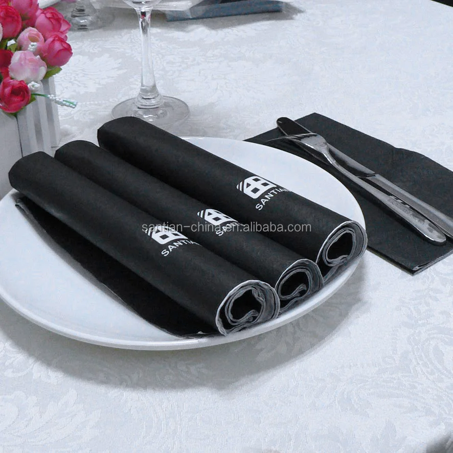Custom Logo Printed Black Beverage Napkins 2-3 Ply Folded Serviettes in Pack or Bag