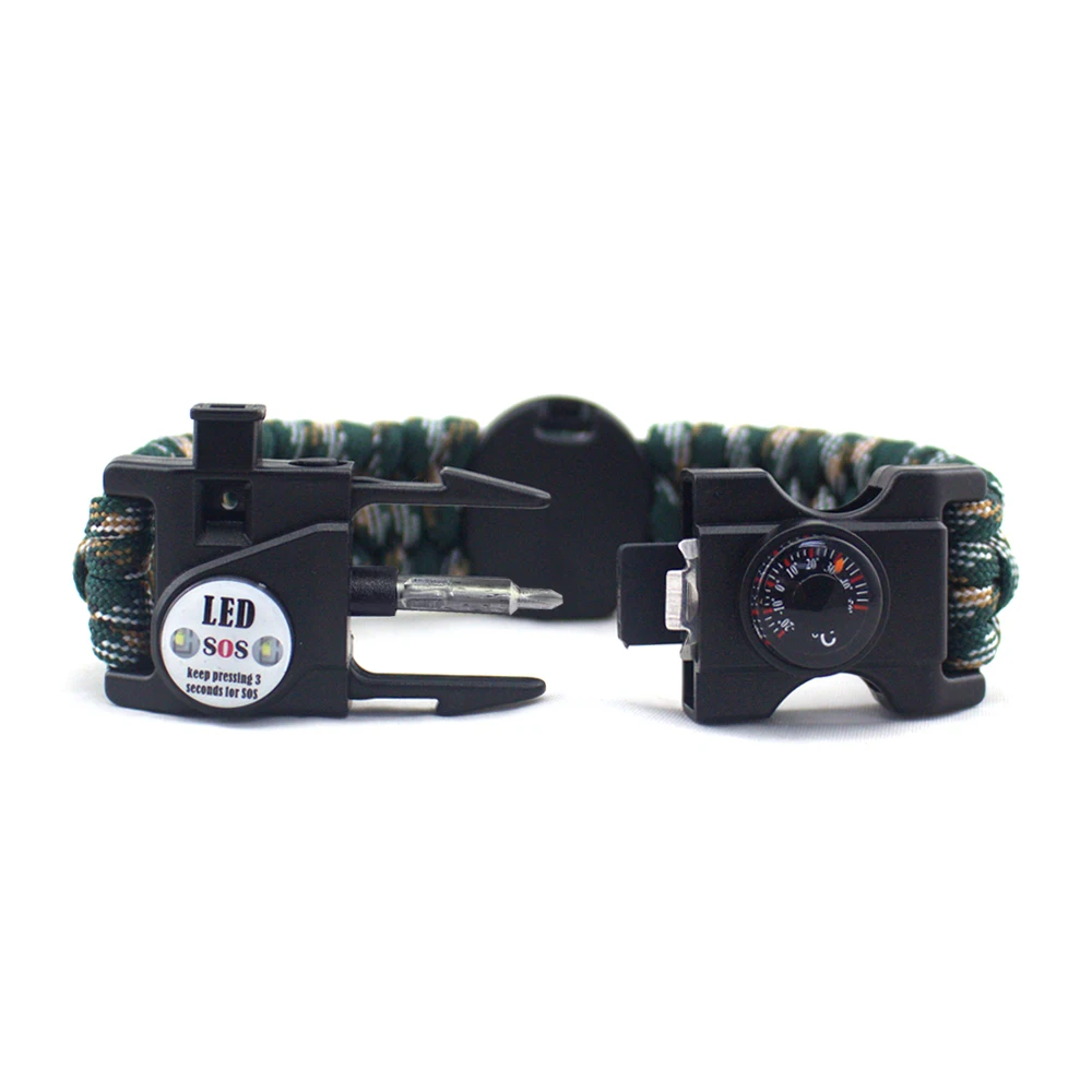 Multifunctional 20 in 1 SOS Detachable Compass Survival Bracelet, Factory Professional Portable Weaving LED Paracord Bracelet