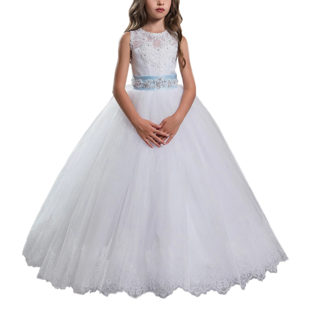 long little girls dress puffy kids ball gown pageant dresses for girls lace white flower girls dresses